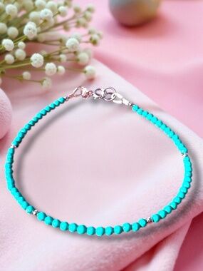 Natural Turquoise Bracelet Solid 14k White Gold , December Birthstones